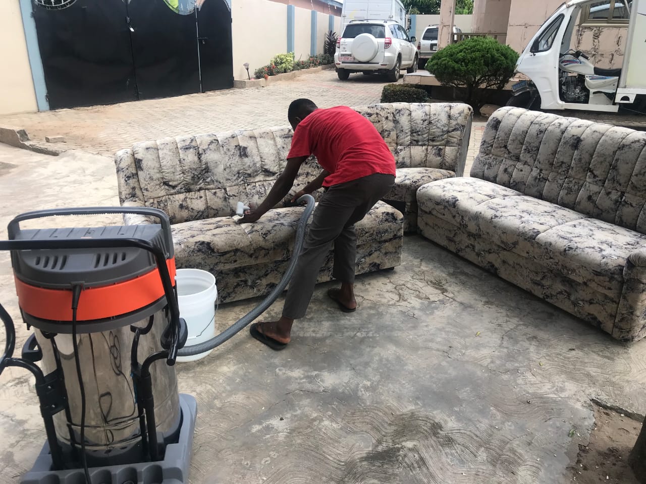 Sofa cleaning service in progress